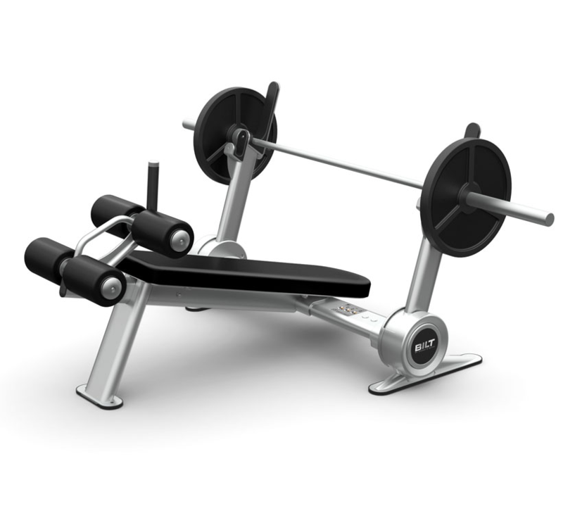 GRAA Innovations: BILT Bench Weight Machines Front three quarters view of the BILT Decline weight bench