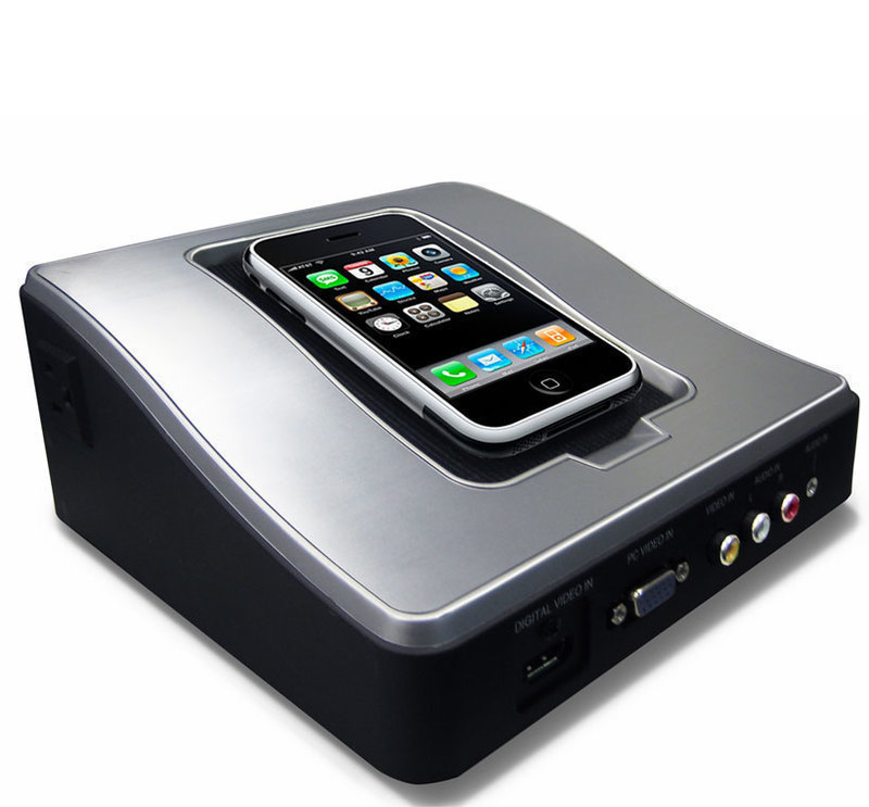 LG Electronics: Auto-Sensing Remote Jack Pack Front three-quarters view of the Remote Jack Pack showing connected iPhone