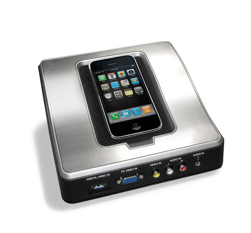 LG Electronics: Auto-Sensing Remote Jack Pack Front three-quarters view of the Remote Jack Pack showing connected iPhone and ports