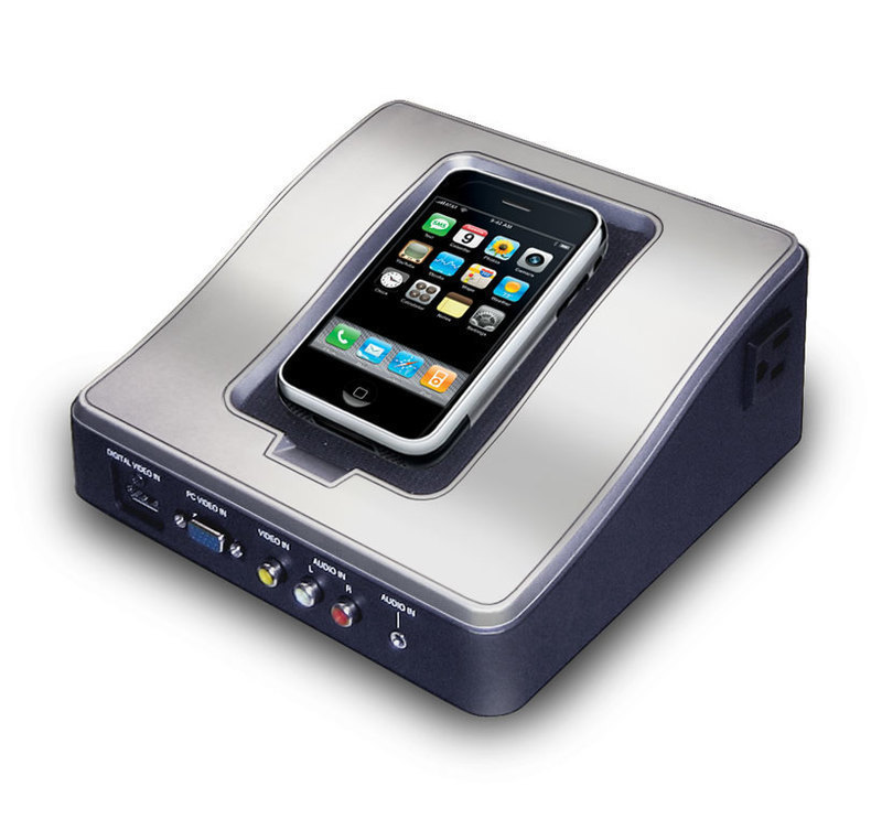 LG Electronics: Auto-Sensing Remote Jack Pack Front three-quarters view of the Remote Jack Pack showing connected iPhone