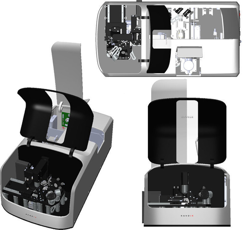 Collage of views that show the nanoIR 2 with access hatches open and internal components