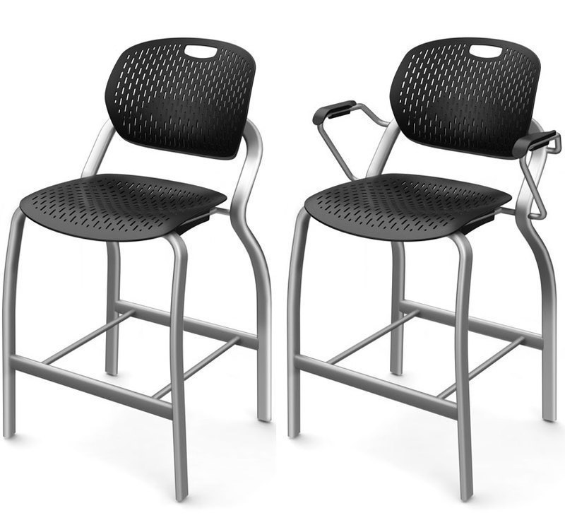 Three quarters front view of the two styles of Explore stool-height chairs