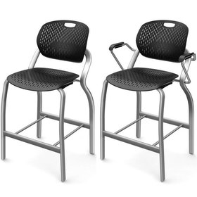 Three quarters front view of the two styles of Explore stool-height chairs