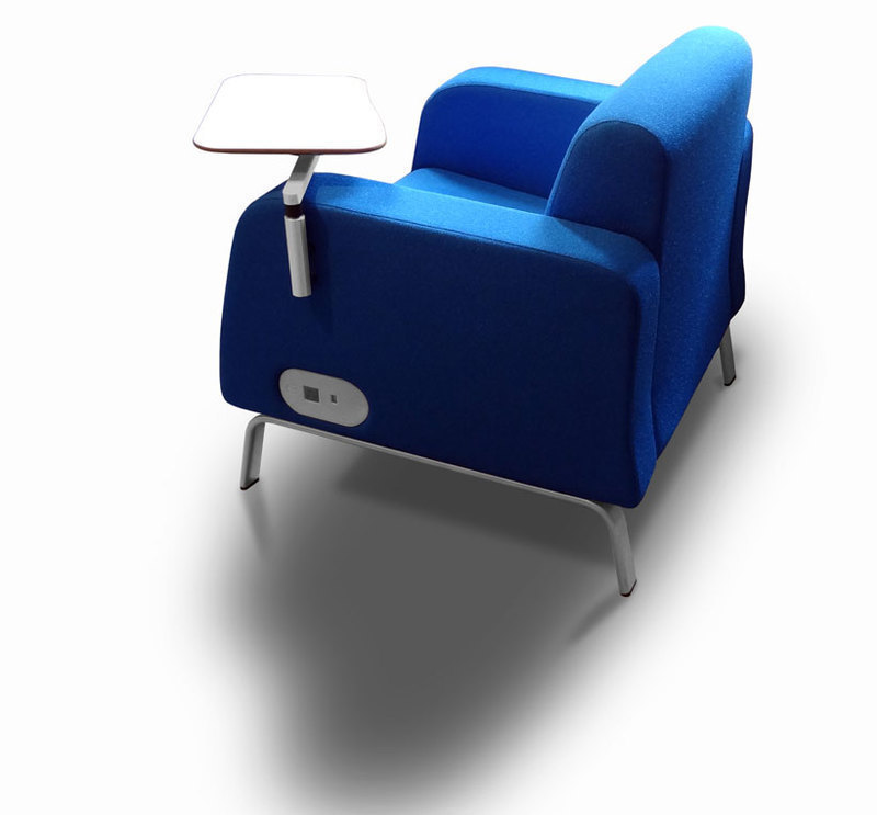 Overhead left side view of the Motiv soft chair showing works surface and charging port