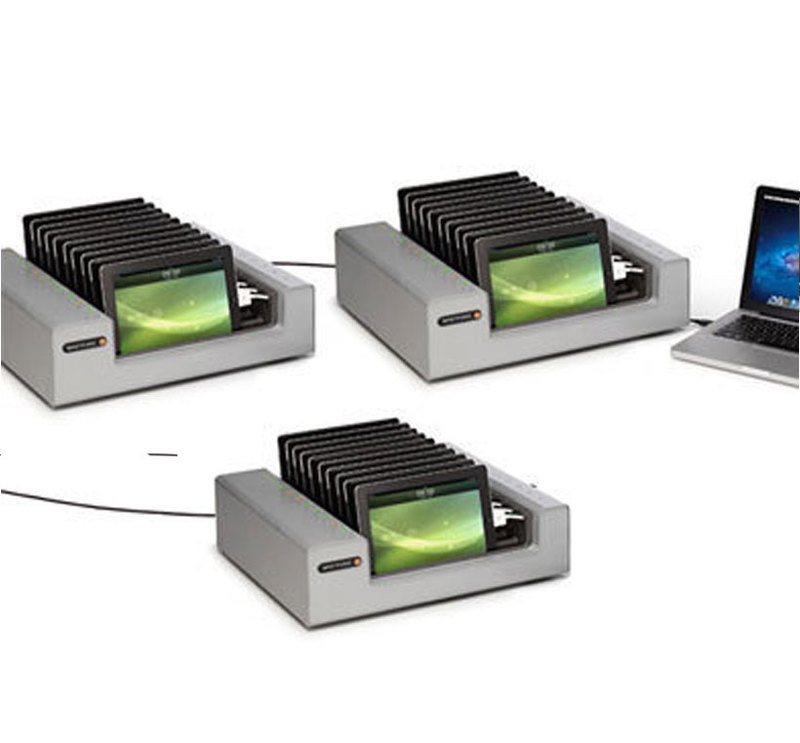 Bretford Manufacturing, Inc.: PowerSync Tray® for iPad View of three PowerSync trays linked together