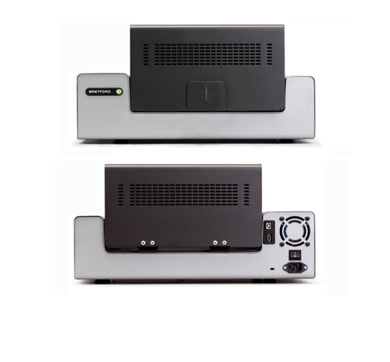 Bretford Manufacturing, Inc.: PowerSync Tray® for iPad Collage showing both the front and rear view of the PowerSync tray with protective screen closed