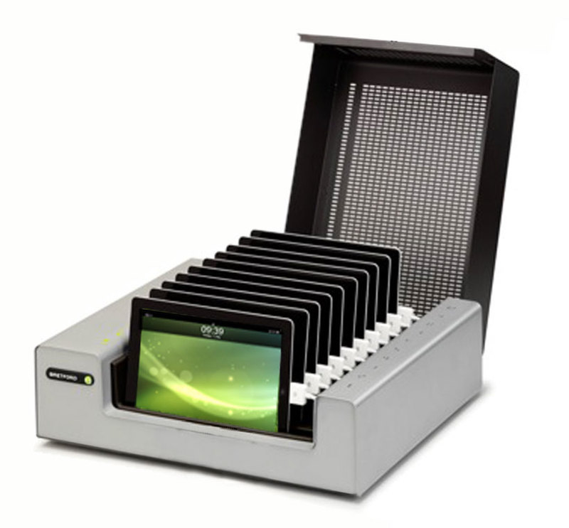 Bretford Manufacturing, Inc.: PowerSync Tray® for iPad Three-quarters front view of the PowerSync and the security screen opened