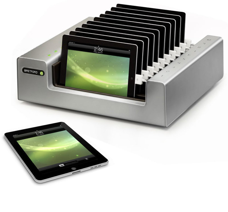 Bretford Manufacturing, Inc.: PowerSync Tray® for iPad Three-quarters front view of the PowerSync tray loaded with iPads