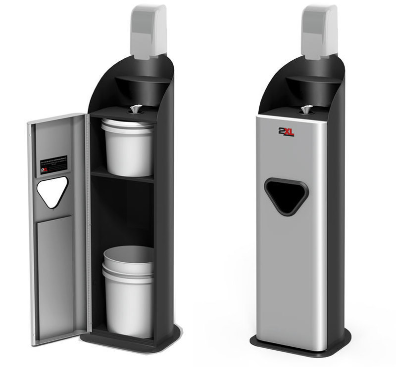 Two three quarters front views of the guardian gym wipe dispenser with access door open and closed