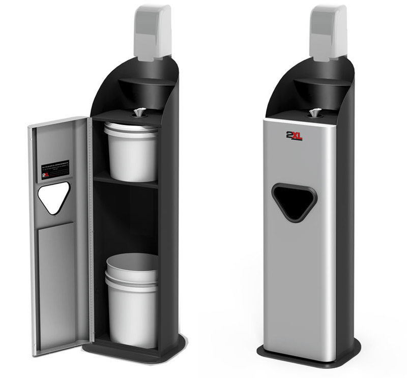 2XL Corporation: Guardian Gym Wipe Dispenser Two three quarters front views of the guardian gym wipe dispenser with access door open and closed