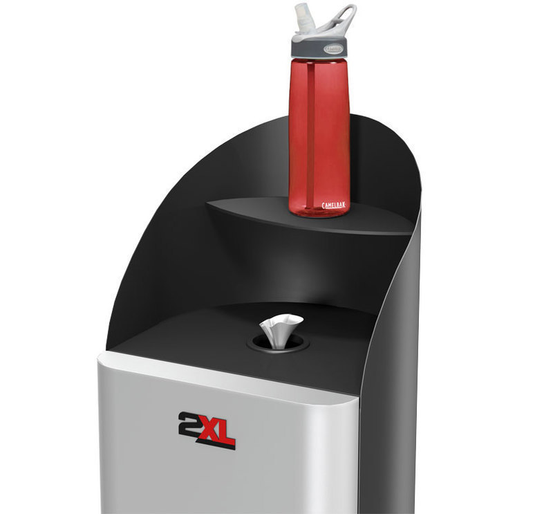 2XL Corporation: Guardian Gym Wipe Dispenser Close up of the top of the guardian wipe dispenser with a water bottle on the top of the dispenser