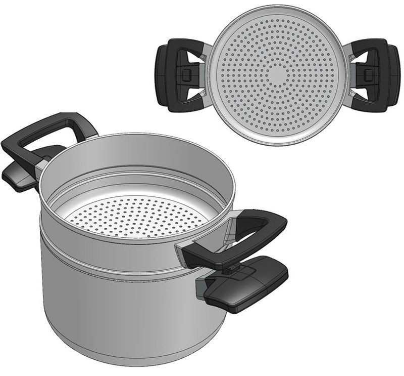 Three quarters front view and top view of INNOVE sieve on top of a pot