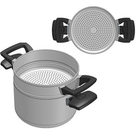 Three quarters front view and top view of INNOVE sieve on top of a pot