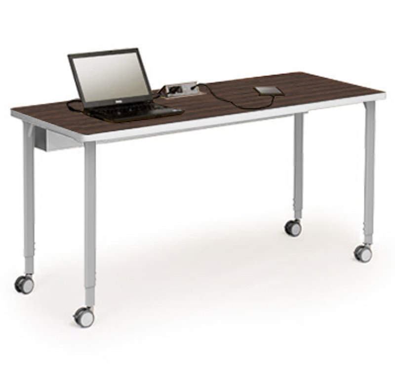 Three quarters front view of the Rectangular table shape with laptop and tablet on top