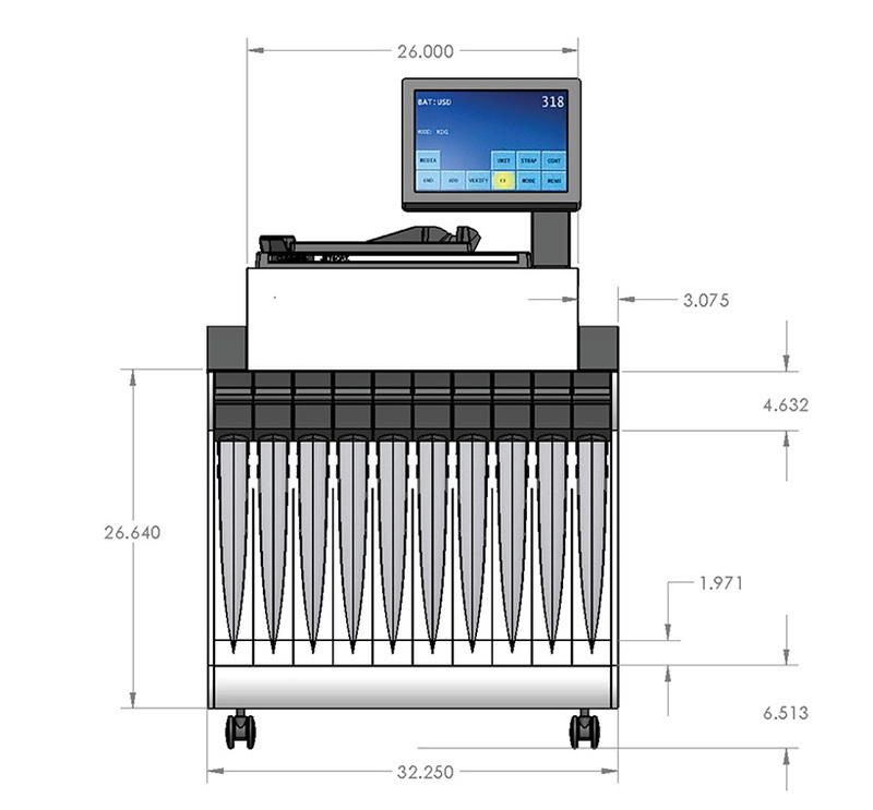 Cummins-Allison Corporation: JetSort LX Front elevation view of the JetSort LX with dimensions