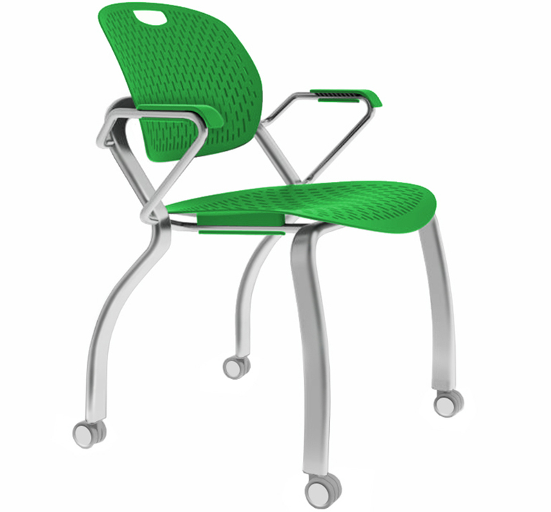 Three quarters front view of the Explore chair with a green seat and arm rests