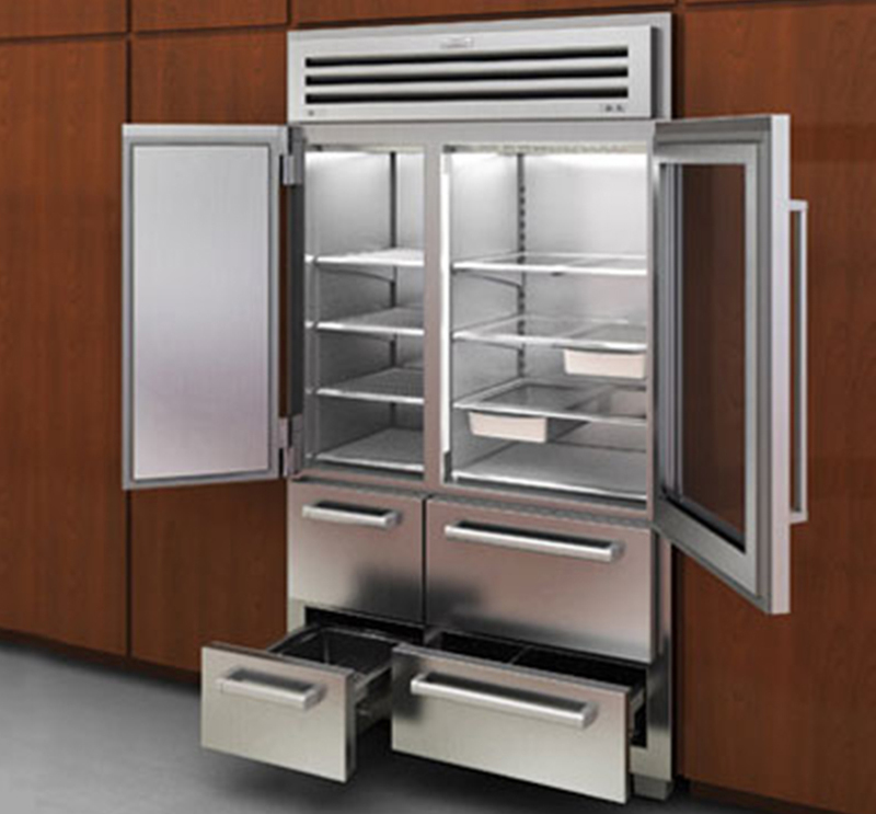 Sub-Zero, Inc. & Wolf Appliance, Inc.: Pro Collection Three quarters front view of a side-by-side Sub-Zero refrigerator with all door open