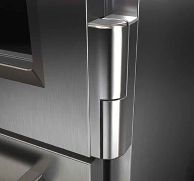 Sub-Zero, Inc. & Wolf Appliance, Inc.: Pro Collection Close up of the hinge for the Sub-Zero refrigerator door