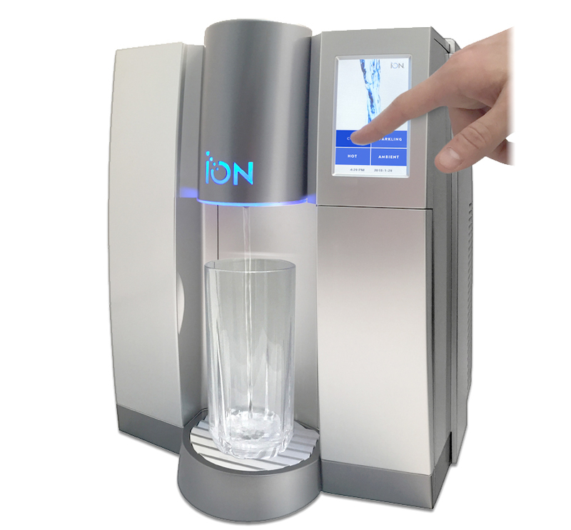 Three quarters front view of ION water cooler dispensing cold water