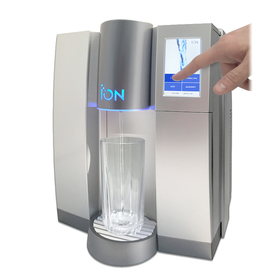Three quarters front view of ION water cooler dispensing cold water