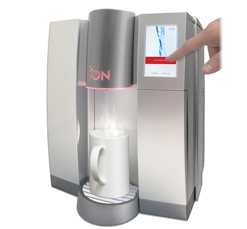 Natural Choice Corporation: ION Water Cooler Three quarters front view of ION water cooler dispensing hot water