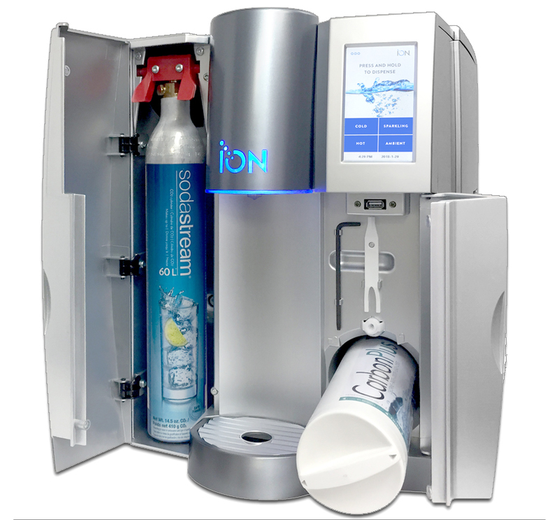 Natural Choice Corporation: ION Water Cooler Front view of ION water cooler showing filter and gas canister access