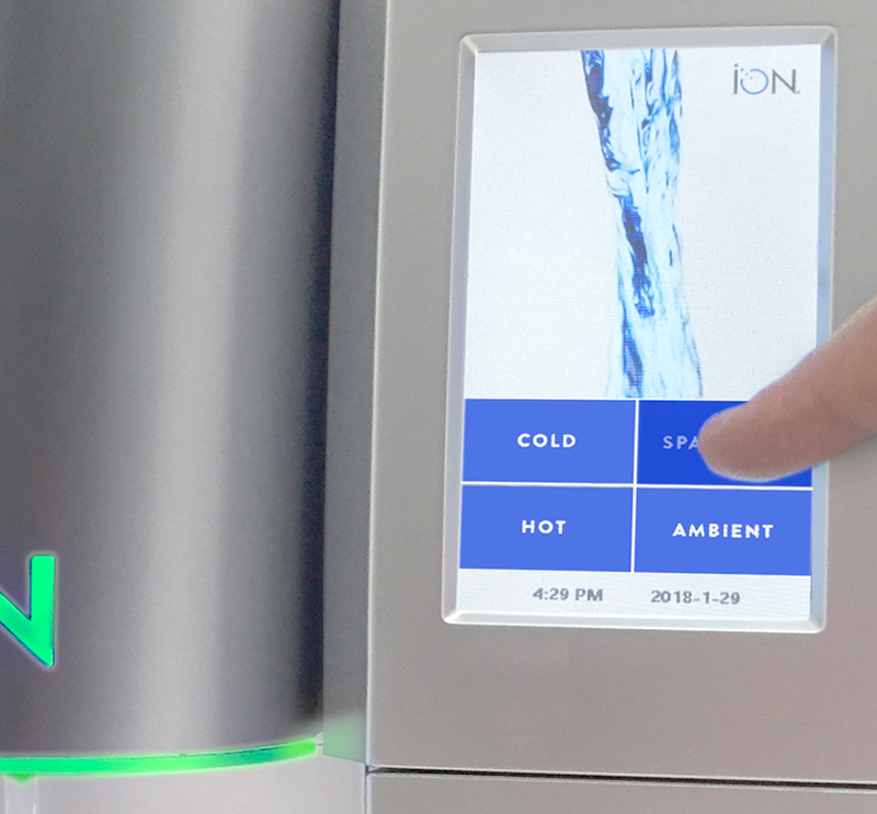 Close up of the ION water cooler control screen dispensing sparkling water