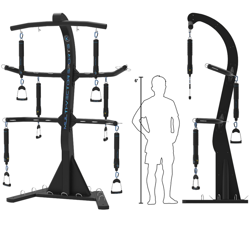 Perspective and side views showing the Vector steel structure with a six foot man for scale