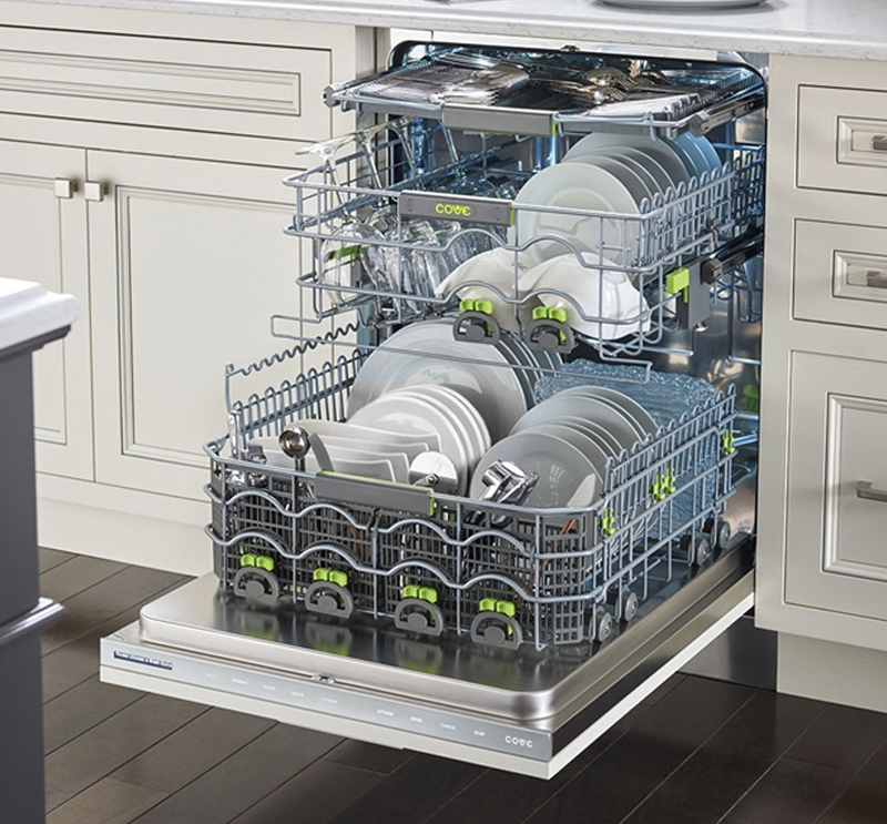 Sub-Zero, Inc. & Cove Inc.: PRO 36 Refrigerator & Cove Dishwasher Three quarters front view showing the Cove open and loaded with dishes