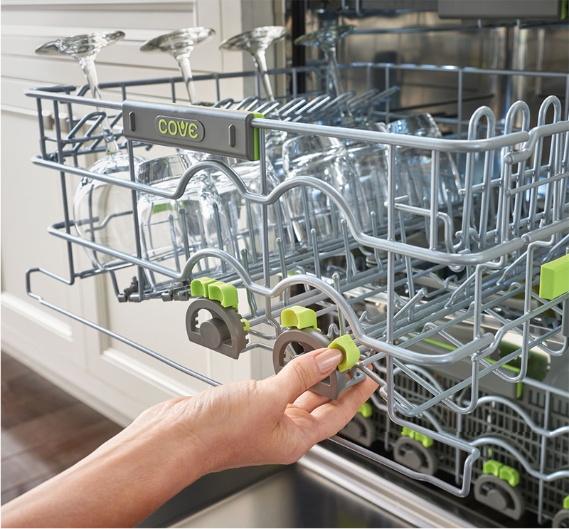 Close up view of how the tine adjustment works on the Cove Dishwasher