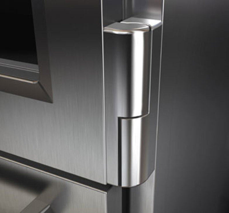 Sub-Zero, Inc. & Cove Inc.: PRO 36 Refrigerator & Cove Dishwasher Close up view of the stainless steel hinge of the PRO 36
