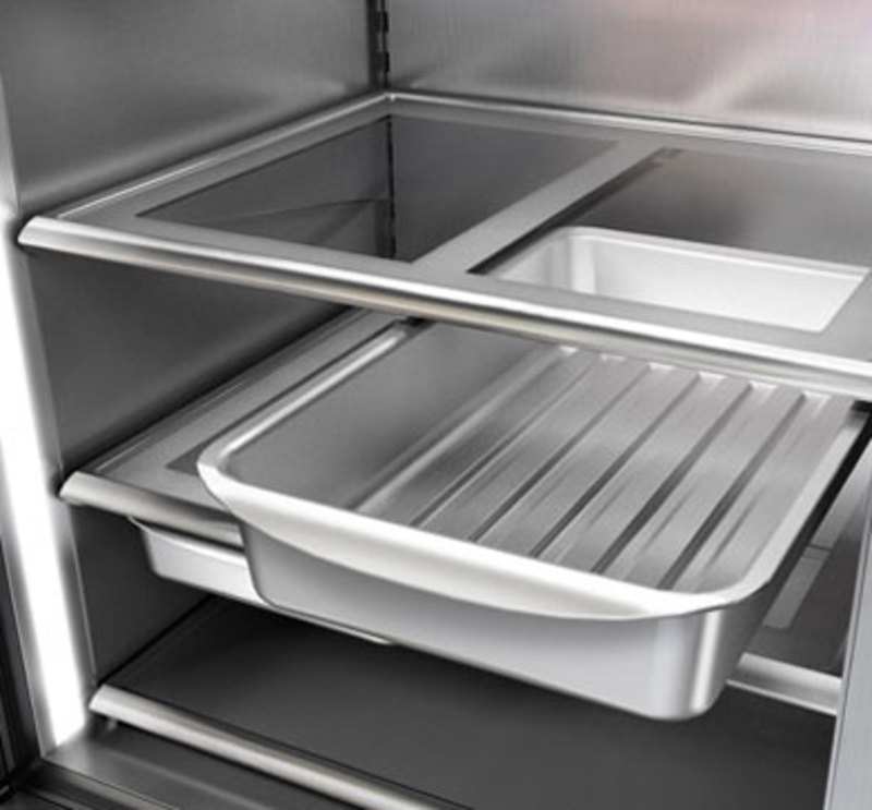 Close up view of the oven-safe trays in the PRO 36 refrigerator