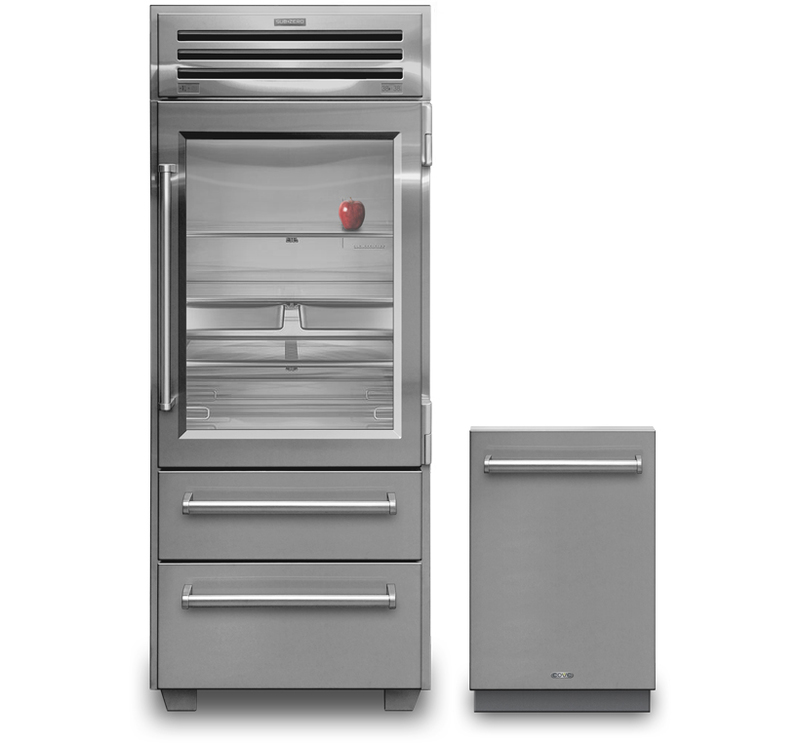 Sub-Zero, Inc. & Cove Inc.: PRO 36 Refrigerator & Cove Dishwasher Front view showing the Pro 36 refrigerator next to the Cove Dishwasher