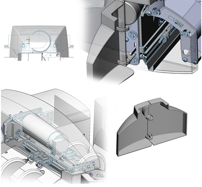 Collage of SolidWorks views showing how components will fit into the new shroud design