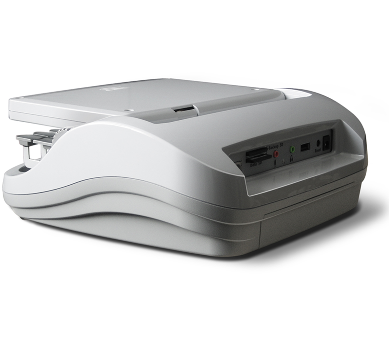Stenograph Corporation: Diamante™ Shorthand Writer Low back corner view of the diamante shorthand writer with the screen in its closed position