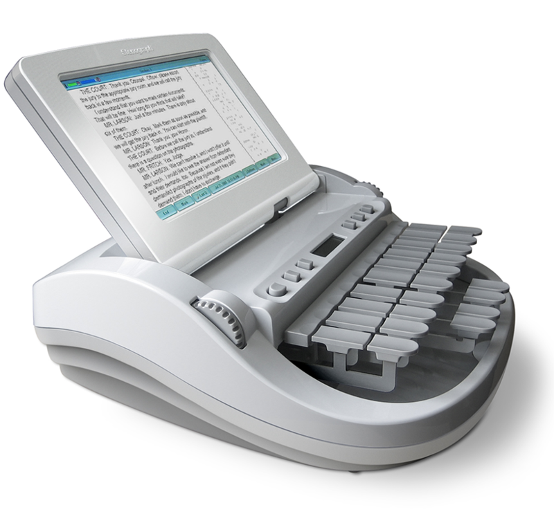 Stenograph Corporation: Diamante™ Shorthand Writer Perspective view of the Diamante writer with its screen open with text on its screen