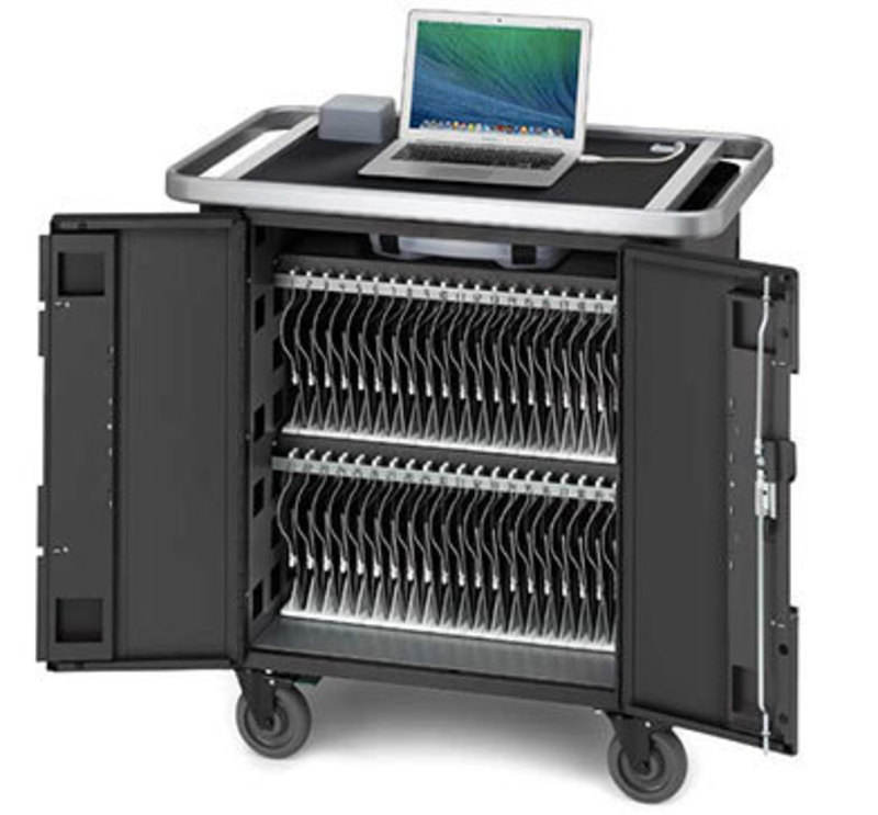 three quarters view of the powersync cart open with iPads inside and a macbook on top