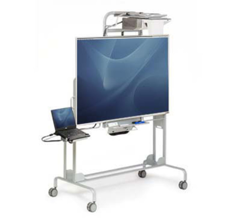 Front three quarters view of the mobile interactive whiteboard in highest setting