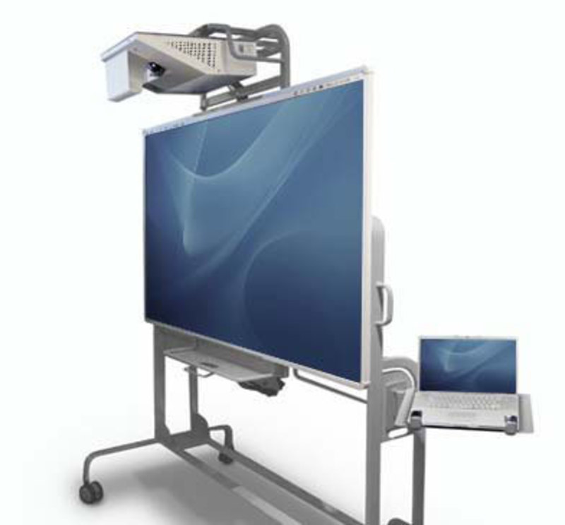 Side view showing Mobile whiteboard's integrated projector and laptop station