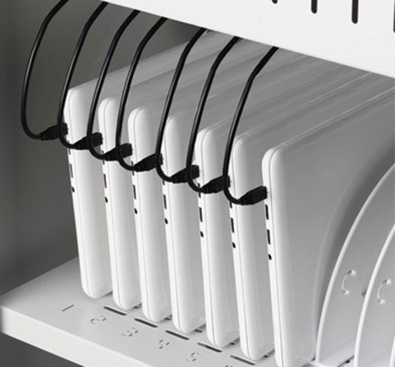 Detail view of the inside of the Pulse laptop cart showing tablets in charging pockets