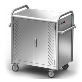 Three quarters front view of the Pulse laptop cart with doors closed