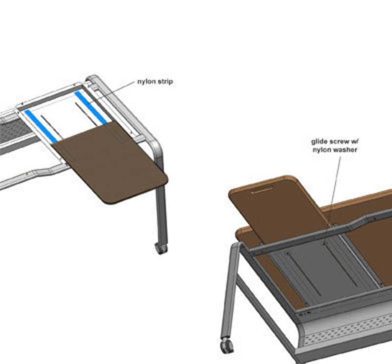 Detail view showing how the Instructor Tech Desk's auxiliary shelves work