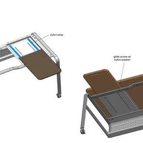 Detail view showing how the Instructor Tech Desk's auxiliary shelves work