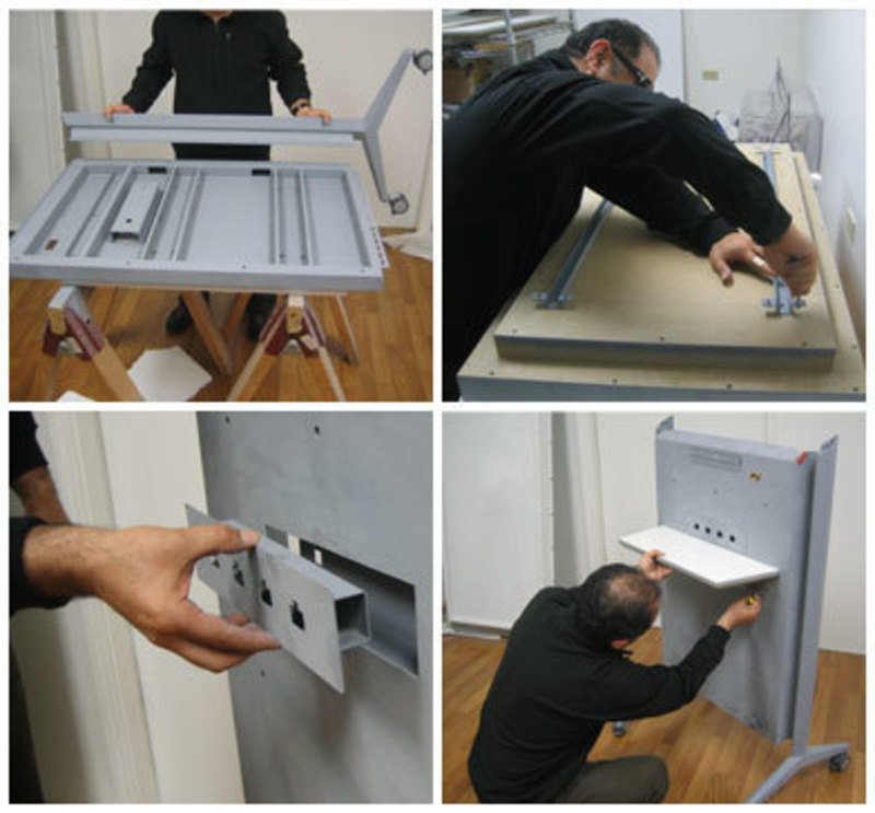 Collage of images showing how the flat panel lectern is assembled