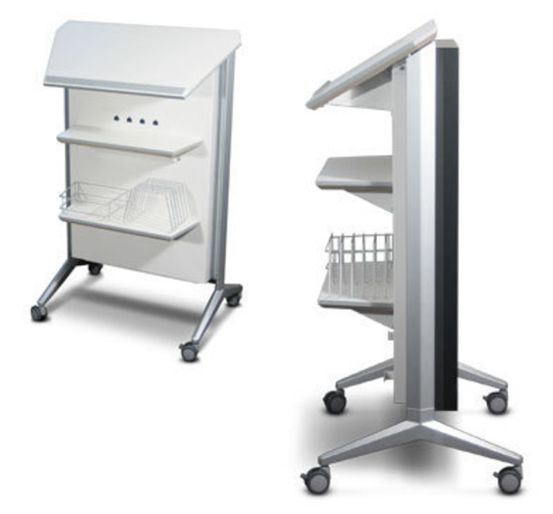 Bretford Manufacturing, Inc.: RHOMBII® Flat Panel Lectern Side and back view of the flat panel lectern showing shelf and storage components