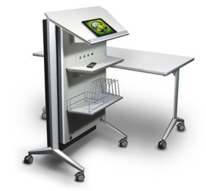Bretford Manufacturing, Inc.: RHOMBII® Flat Panel Lectern Rear three quarters view of the Rhombii lectern with table