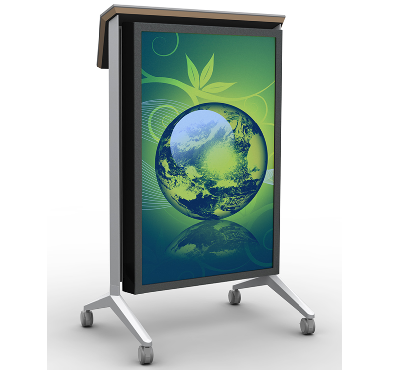 Bretford Manufacturing, Inc.: RHOMBII® Flat Panel Lectern Front three quarters view showing the grpahics panel of the flat pattern lectern