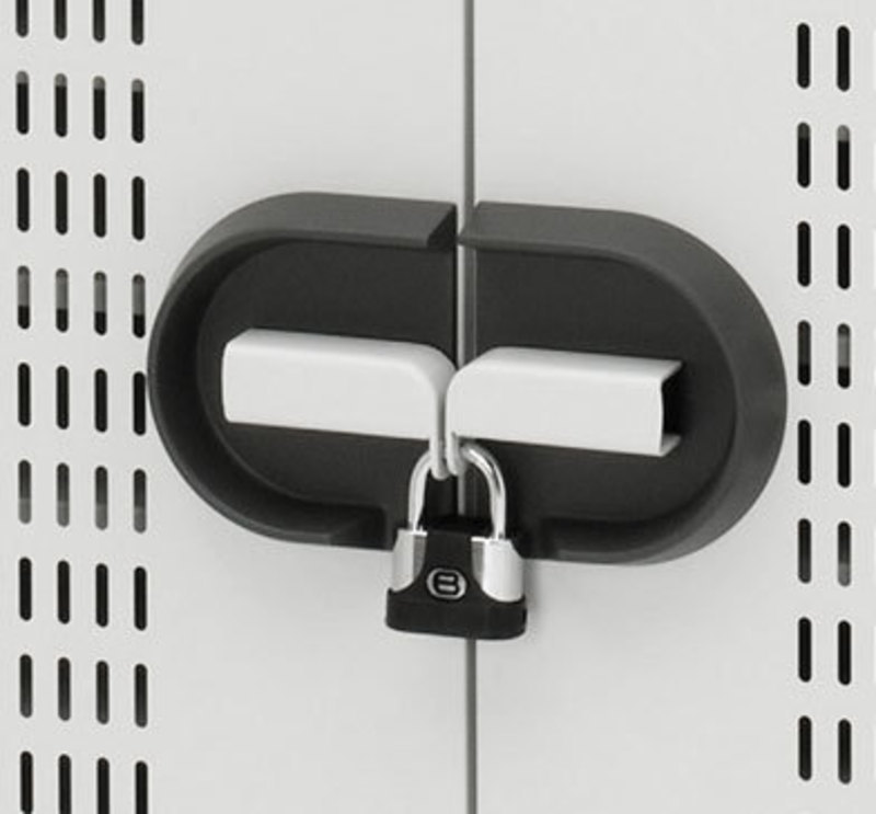 Close up view of the padlocked handles of the focus cart