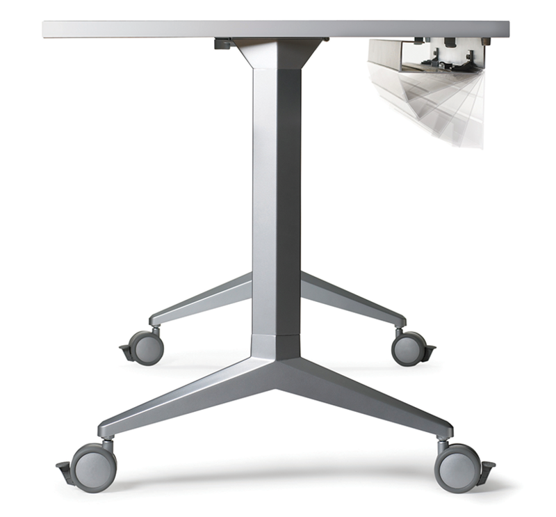 Bretford Manufacturing, Inc.: RHOMBII® Training Table Side view showing how the cable management shelf moves up and down
