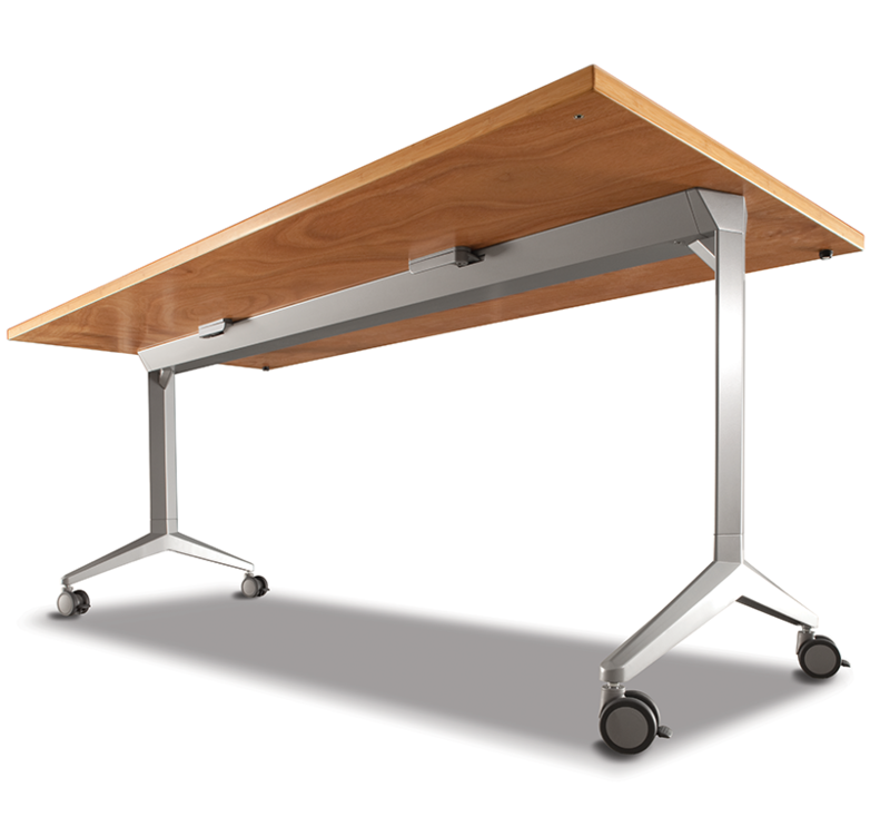 Bretford Manufacturing, Inc.: RHOMBII® Training Table Low angle view of the Rhombii table with a wood-grain texture on the tabletop